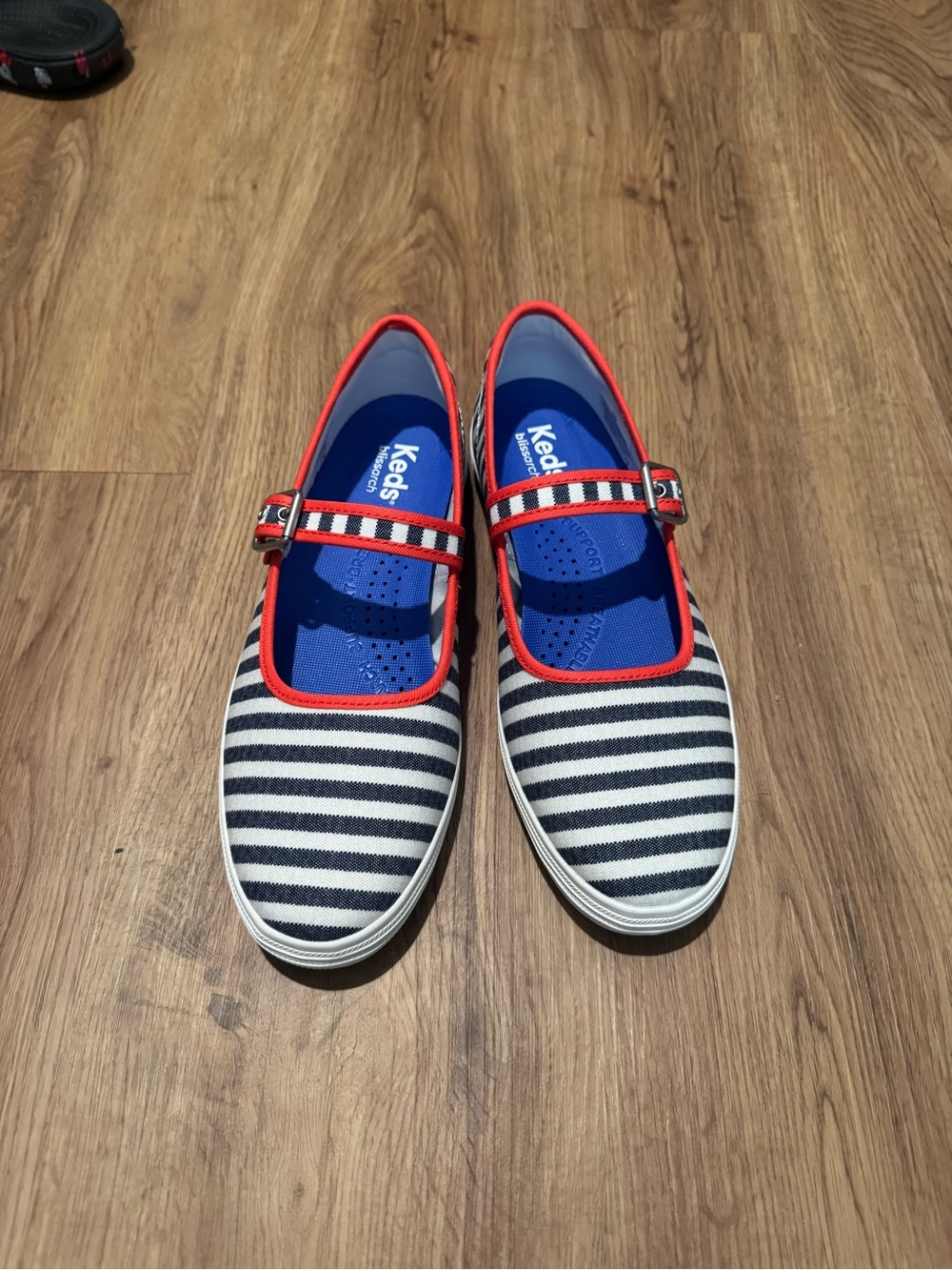 New Keds Navy and White Striped Mary Jane Sneakers with Red Trim